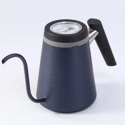 China Durable Blue Black Coating 600ml 304 Stainless Steel Drip Tea Hand Pour Over Arabic Gooseneck Kettle Coffee Kettle With Thermograph for sale