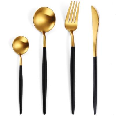 China Hot Selling Hotel Restaurant Gold Black Vintage Stainless Steel Nordic Hot Selling Cutlery 304 24pcs Flatware Dinnerware Set For Wedding Gift for sale