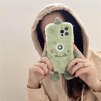 China Waterproof Cute 3D Ears Green Monster Fur Plush Small Phone Case For iPhone 13 pro Max Case 12 11 pro X XS XR 7 8 plus Se 2020 soft cover for sale