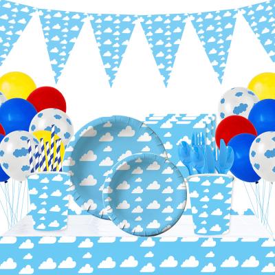 China Eco-friendly Disposable White Sky Blue Clouds Party Supplies Paper Plate Cup Cartoon Story Table Cloth Party Table Cover For Birthday Decoration for sale