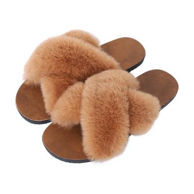 China 2022New Non Slip Fluffy Slides Cross Flat Multi Color Shoes Cross Strap Designer Plush Women Sandals Slippers for sale