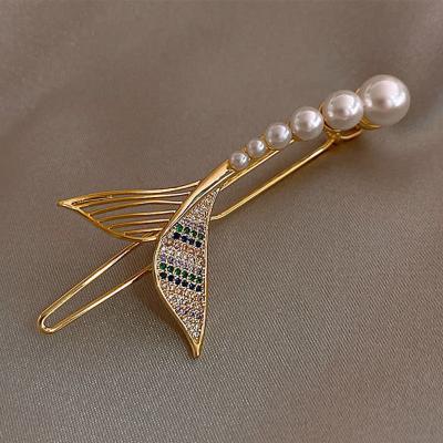 China Hairpin Designer Double Fishtail Hair Clip Rhinestone Pearl Mermaid Tail Hairpin For Girl Hair Clip Accessories for sale