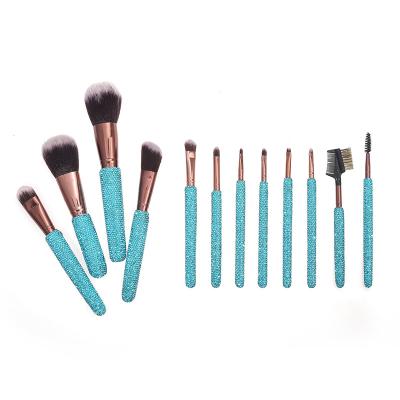 China Angular Blush Blue Handle 14pcs Crystal Diamond Foundation Brush Set OEM Factory Water Glitter Makeup Brushesbrushes Handle Make Up With Bag for sale