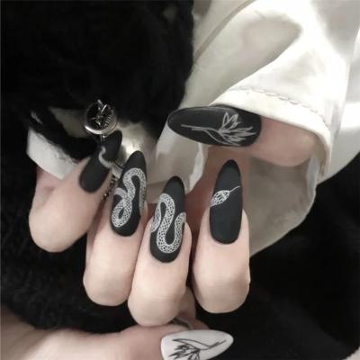 China 24pcs/set Long Full Artificial Fake Nail Tips French Stiletto Nails Snake Pattern Punk Black Matte False Nails White for sale