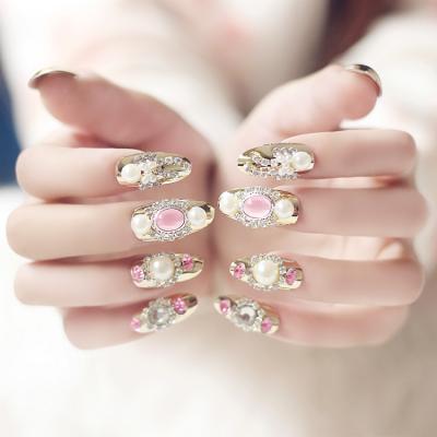 China French latest jewelry 24pcs 2021 luxury bride press on nails faux stone rhinestone crystal pearl nails for sale