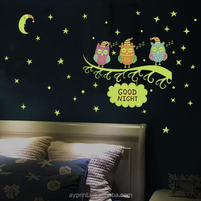 China WALL STICKER HM31006 Cartoon Wall Sticker Creativity DIY Home Bedroom Decor Cartoon Owl Glow In The Dark Moon for sale