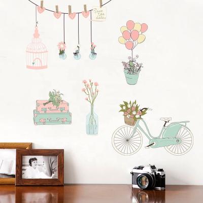 China WALL STICKER SK7159 Bike Birdcage Wall Sticker Cute Colorful Girl Drawing Nursery Decorative Decal for sale