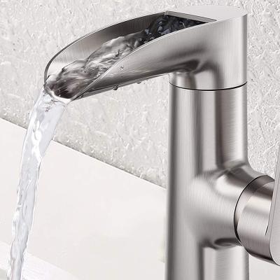 China Metered Faucets Single Handle Water Faucet Waterfall Spout Bathroom Black Faucet for sale