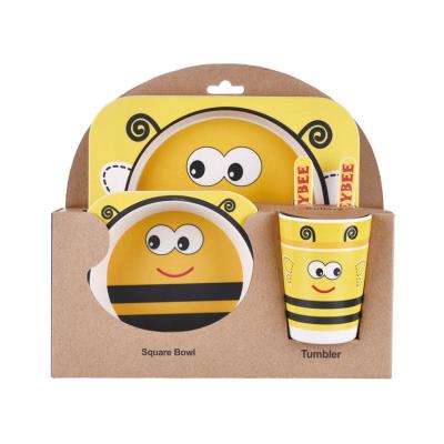 China Viable 5PC Cartoon Fiber Kids Meal Kids Dinnerware Animal Bamboo Tableware Set With Bowl Soup Plate Spoon Fork Set for sale