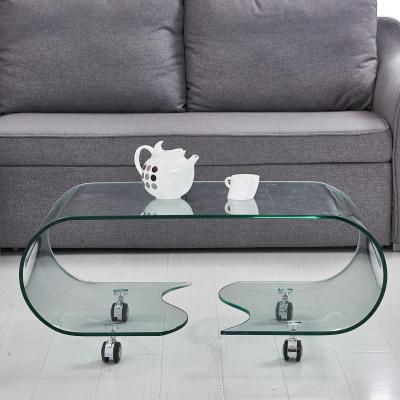 China Modern Modern Design Curved Wheel Glass Coffee Table With Round Edge for sale