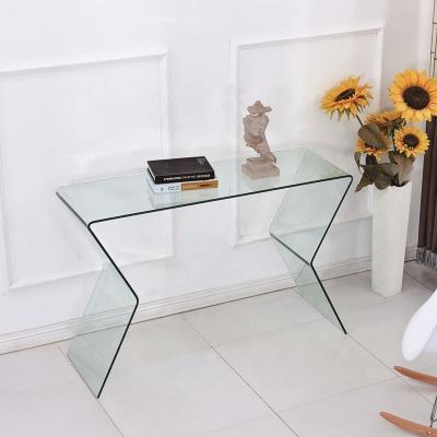 China 12mm transparent special shaped glass side warm common bent table/morden glass console table for living room bedroom for sale