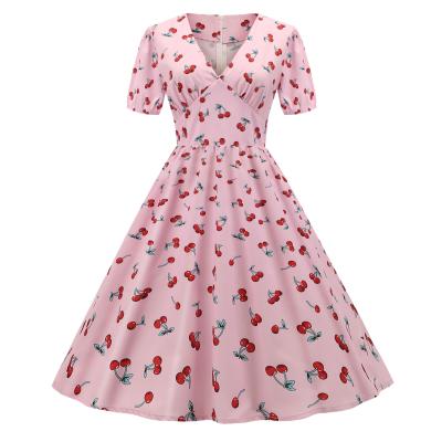 China New Waist Puff Cherry Sleeve Dress Pink Anti-Static Printing Elegant Casual Zipper Dress Women Skirts Long Dress for sale