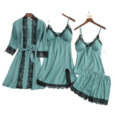 China Wholesale Polyester 4 Piece Sets Sexy Pajamas Silk Satin Bathrobe Robe Sets Lace Trim Sleepwear For Women for sale