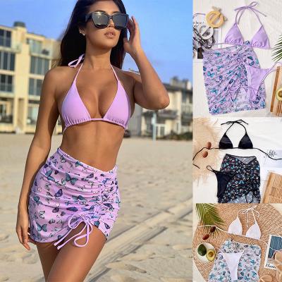 China 2021 New Designer 2 Pcs Breathable Glitter Halter Neck Swimwear Butterfly Waistband Bikini Women's Swimwear for sale