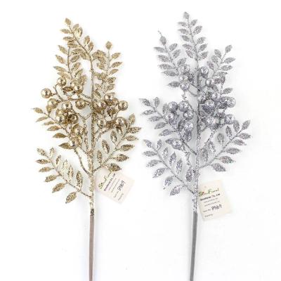 China 89809 Decoration Picks Gold Silver Red Branches Artificial Decorations Leaves Tree Spray Glitter Christmas Pick for sale