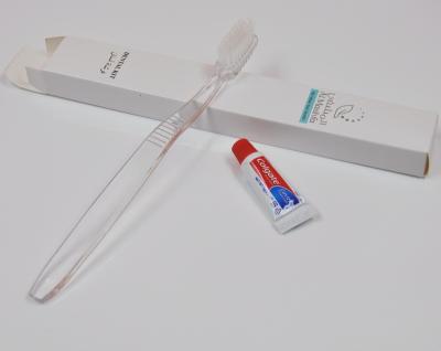 China hotel guest used hotel disposable transparent toothbrush with toothpaste packing in paper box/disposable hotel dental kit for sale