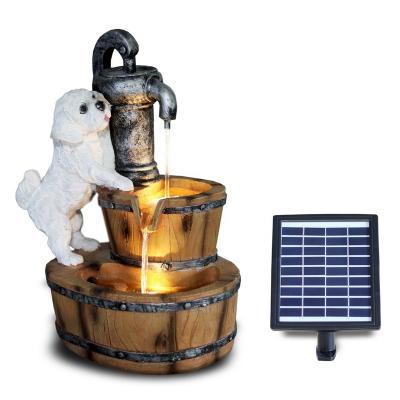 China Outdoor Resin Water Feature Polyresin Dog And Wooden Barrel Fountain With Solar Pump for sale