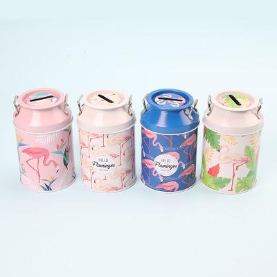 China TOPSTHINK Custom Wholesale Cylinder Piggy Bank Tin Flamingos Vase Coin Bank Gift With Lid for sale