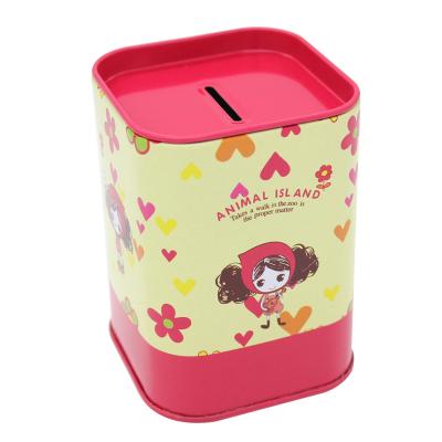 China Wholesale Sweet Two Function Coin Bank Girl Style Square Shape Metal Savings Bank Piggy Bank Tin Boxes for sale