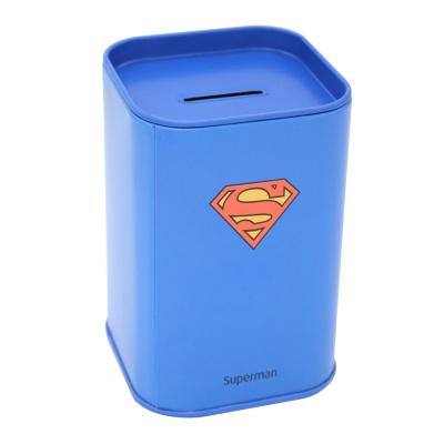 China Superhero Style TOPSTHINK Cartoon Coin Bank Square Metal Piggy Bank Custom Logo for sale