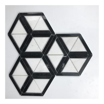 China Wholesale 3D Cube Triangle Parquet Art Tile Natural Marble Stone White And Black Wall Mosaic for sale