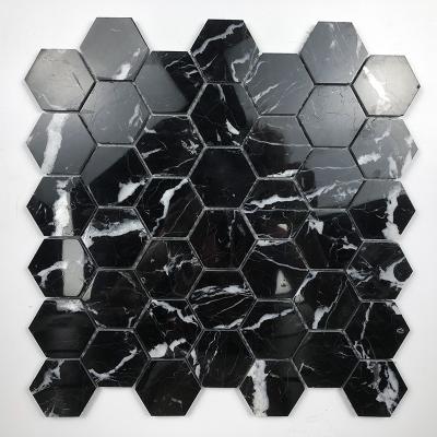 China Guangdong Parquet Polished Black And White Nero Hexagon Marble Wall Backsplash Mosaic Stone Tile for sale