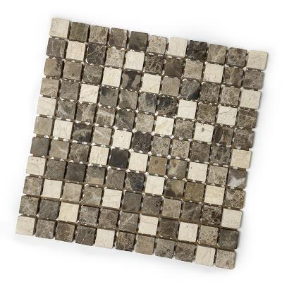 China Parquet Natural Marble Beige Color Emperador Travertine Stone Dark Mixed Mosaic Slab for sale