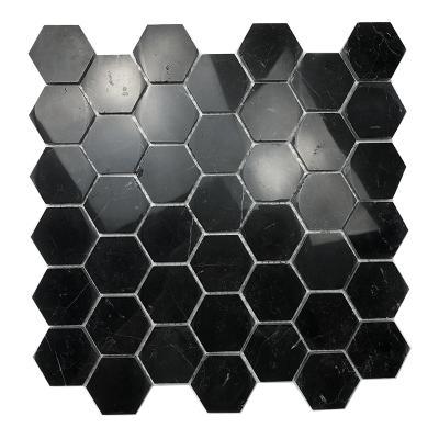 China Black And White Marble Stone Mosaics Parquet Polished Hexagon Stone Mosaic Bathroom Floor And Wall Slab for sale