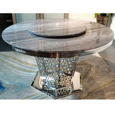 China Customized Luxury Double Layers Round Top Stainless Steel Base Marble Gold Dining Table Set With Swivel Plate for sale