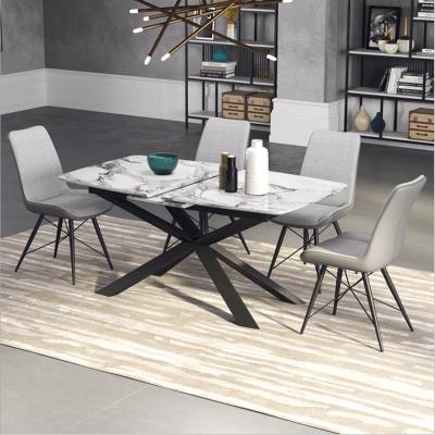 China Top 4 Foldable Modern Cross Legs Wooden Veneer MDF Dining Table With Sliding Extension Set for sale