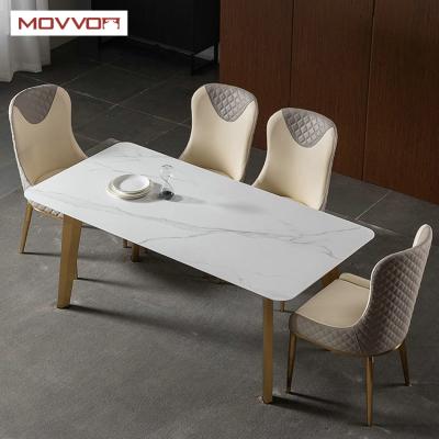 China Customizable Modern Contracted Marble Top Stainless Steel Rose Gold Legs Dining Table Sets Modern for sale