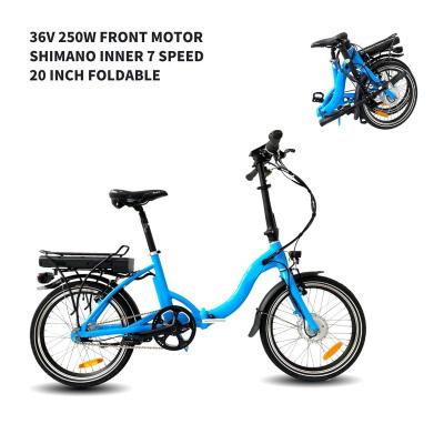 China Aluminum alloy city 36V 7 speed blue 250w ebike 20 inch electric bike bafang front wheel motor lithium battery LCD display foldable electric bicycle for sale