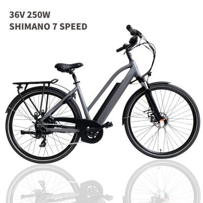 China Urban Road Electric Bike Gray 700C Aluminum Alloy 36V 7 Speed ​​Long Range Rear Motor Lithium Battery LCD Display Adult Bicycle for sale