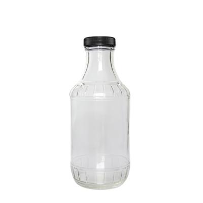 China Sauce Glass Bottles 16 Ounce Clear Glass Sauce Decanter Bottles With Ribbed Black Striped Cap for sale