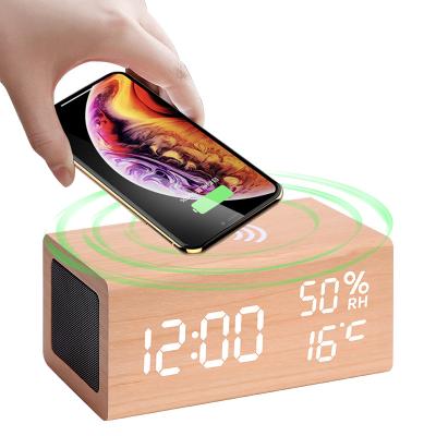 China OEM Style Digital Control Clock Antique Wooden Time LED Alarm Clock Sound Wireless Charger with Indoor Temperature for iphone 12 pro max for sale