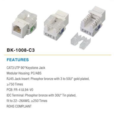 China Structure cabling system BK-1008-C3 cat3 UTP 90 degree trapezoidal jack rj11 female jack for sale