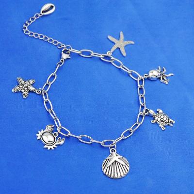 China Zinc Alloy Starfish Crab Turtle Sea Octopus Vintage Shell Stainless Steel Pendant Chain Anklet for sale