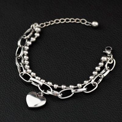 China Vintage Fashion Heart Bead Two Layers Stainless Steel Pendant Chain Bracelet for sale