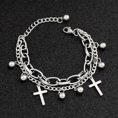 China FASHIONABLE Cool Pearl Cross Double Layer Stainless Steel Pendant Bracelet for sale