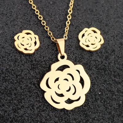 China Romantic Rose Tree Bear Heart Cross Rabbit Stainless Steel Earrings Necklace Jewelry Set Gold Plated for sale