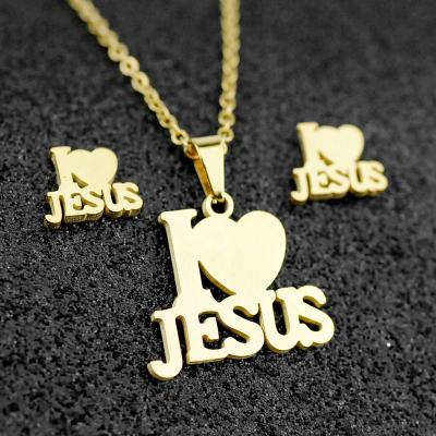 China Romantic Unicorn Flower Cherry Bear Family Jesus Scissor Comb Clover Stainless Steel Earrings Necklace Jewelry Set Gold Plated for sale