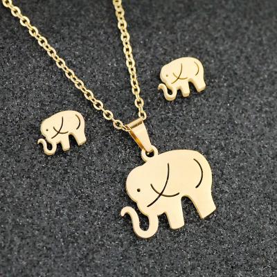 China TRENDY Elephant Bear Love Goose Cat Miss ECG Eye Clover Stainless Steel Earrings Necklace Jewelry Set Gold Plated for sale