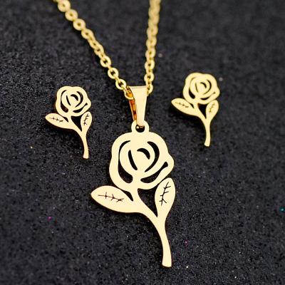 China FASHIONABLE Rose Anchor Rudder Boy Girl Cat Bear Butterfly Stainless Steel Earrings Necklace Jewelry Set Gold Plated for sale