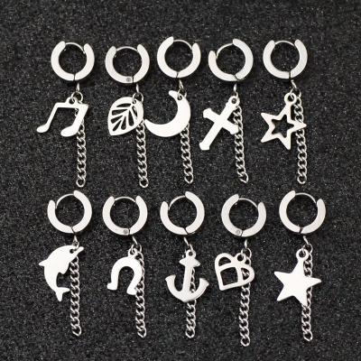 China Popular Hiphop Anchor Dolphin Stainless Steel Star Cross Moon Hiphop Drop Circle Tassel Chain Earrings for sale