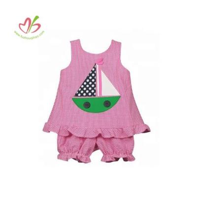 China Washable Summer Boat Applique Boutique Hot Selling Clothing Sets Lovely Girl's Outfits Gingham Girl's Sleeveless Clothing Set for sale