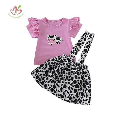 China Casual Toddler Baby Ruffled Flutter Sleeve Cow Shirts Leopard Top Suspender Trims Lovely Overall Baby Clothes Dress Set for sale