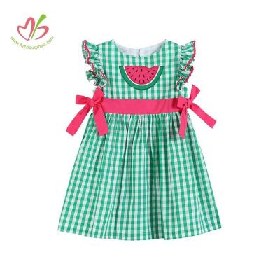 China Hot Selling Green Pink Design Girl's Bow Watermelon Gingham Dress Angel-sleeve Breathable Gingham Kids Dress for sale