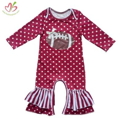 China Hot Selling Long Sleeve Infant Babies Pink Polka Dot Printed Ruffle Cuff Design Knitted Baby Romper With Ball Print Overalls for sale