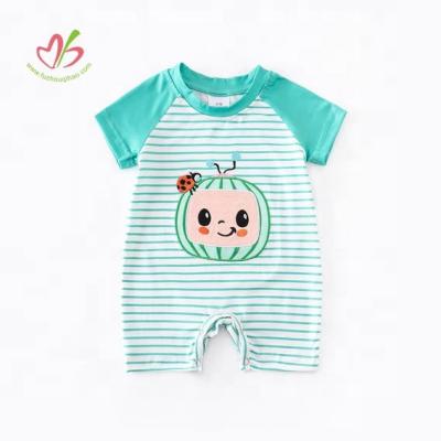 China Cool Short Sleeve Summer Watermelon Applique Baby Clothes Lower MOQ Stripe Short Sleeve Jumpsuit Infant Baby Romper for sale