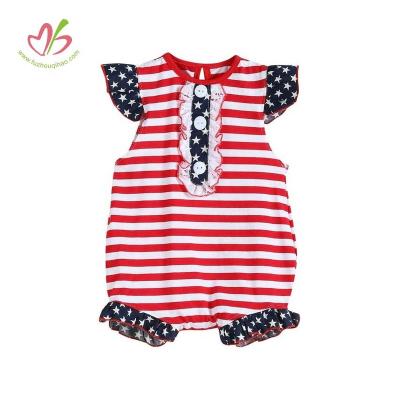 China American high quality red white button ruffle design stripe sleeve clothing infant babies rompers wholesale short romper for sale